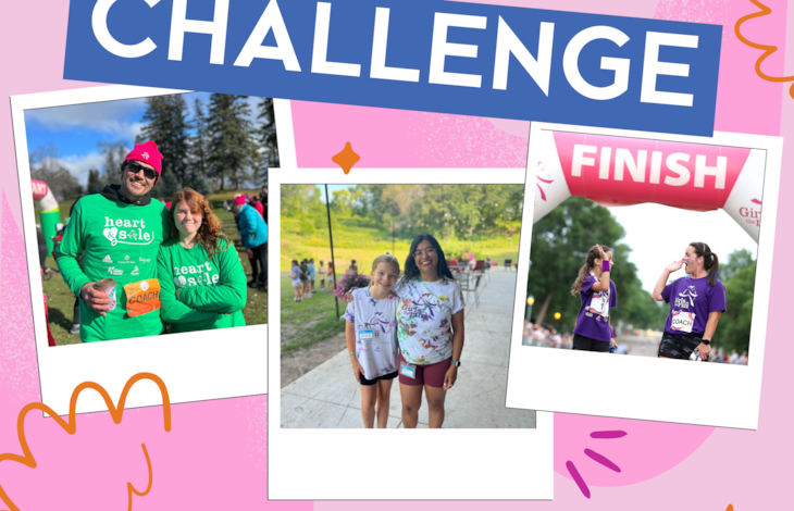 Three photos with polaroid white frames overlap on a pink background with orange lines and stars. All three show coaches smiling and interacting with participants. The words Million Coaches Challenge is at the top and the logos for GOTR and Million Coaches Challenge are on the bottom.